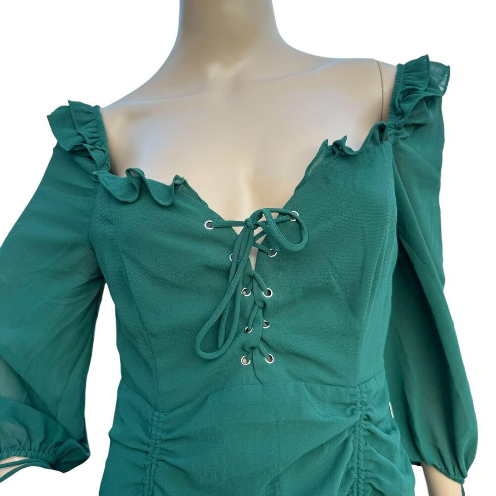 Lulus NWT Green Queen Anne Neck Ruched Ruffle Mini Dress M - Picture 6 of 8